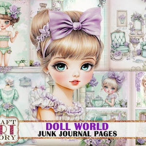 Doll world Junk Journal Pages, Fantasy paper dolls scrapbook printables digital papers