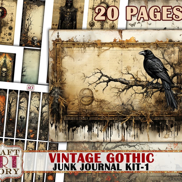 Vintage Gothic junk journal kit,ephemera printables digital papers