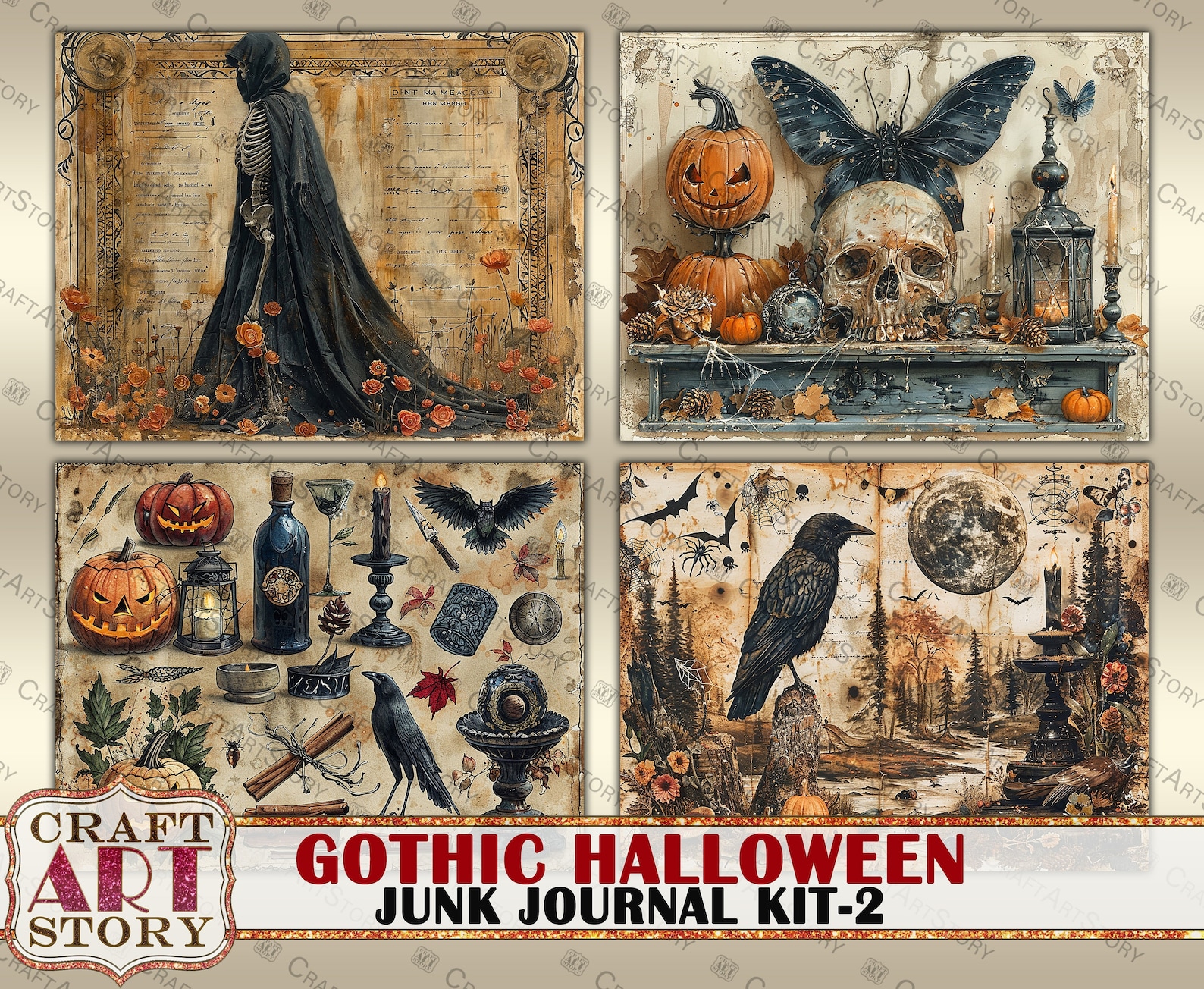 Vintage Gothic Halloween Junk Journal Kit-2,ephemera Printables Digital ...