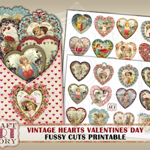 Vintage stickers set,fussy cuts Printable,Hearts Valentines Day,digital  Stickers Scraps