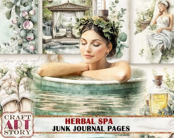Könnte beinhalten: Eine digitale Collage von Bildern für Junk Journaling mit Spa-Thema. Die Collage zeigt eine Frau, die in einer Badewanne entspannt, eine Spa-Umgebung mit einem Pavillon und eine Flasche ätherisches Öl. Der Text "Herbal Spa Junk Journal Pages" ist auf der Collage zu sehen.