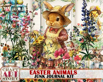 May include: A digital collage kit featuring Easter animals, including a bunny, a chick, and a truck with eggs. The kit includes floral patterns, lined paper, and polka dot patterns. The text "Easter Animals Junk Journal Kit" is displayed on the image.