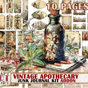 May include: Vintage apothecary junk journal kit add-on with 10 pages featuring images of bottles, flowers, and herbs. The kit includes a large glass bottle with a cork stopper and a label that says "Vintage Apothecary".