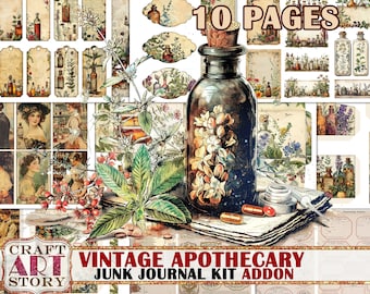 May include: Vintage apothecary junk journal kit add-on with 10 pages featuring images of bottles, flowers, and herbs. The kit includes a large glass bottle with a cork stopper and a label that says "Vintage Apothecary".