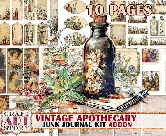Vintage pharmacy Junk Journal Pages ADDON, apothecary printables digital papers