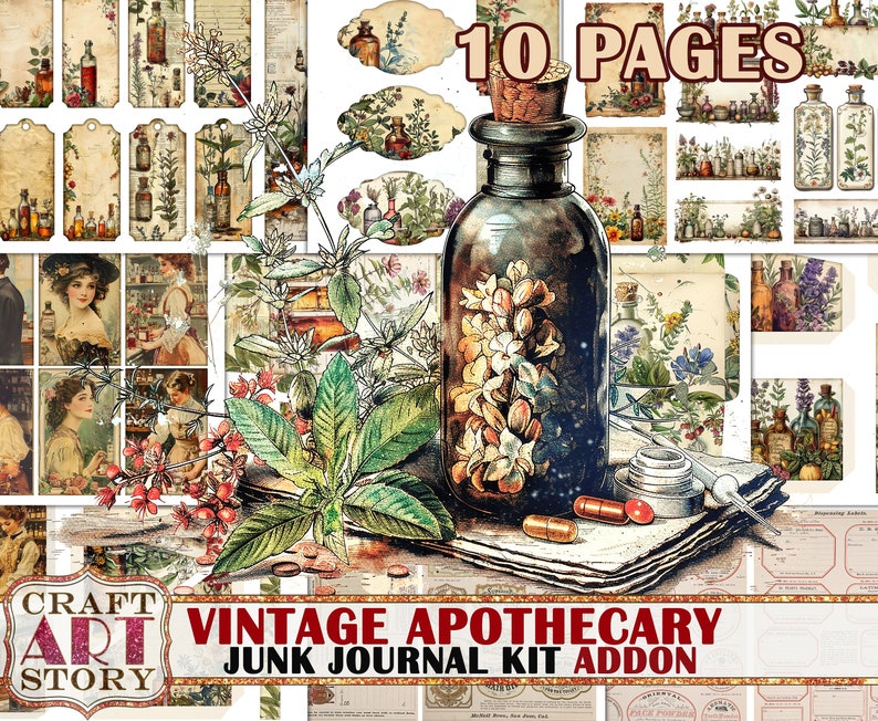 May include: Vintage apothecary junk journal kit add-on with 10 pages featuring images of bottles, flowers, and herbs. The kit includes a large glass bottle with a cork stopper and a label that says "Vintage Apothecary".