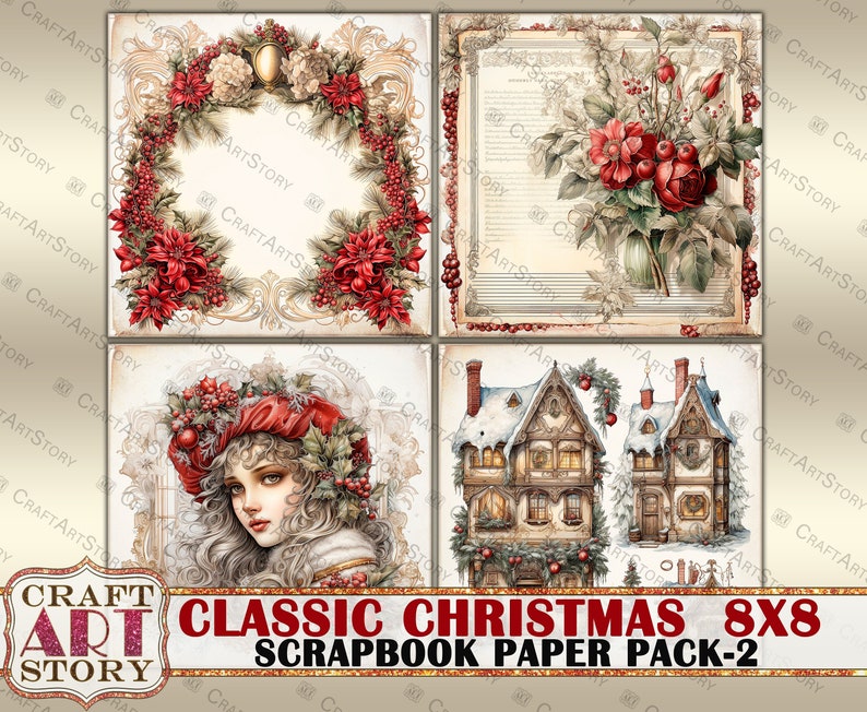 Pack de papier Scrapbook de Noël classique-2,8x8 papiers NUMÉRIQUES, bloc de papier image 6