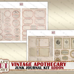 May include: Vintage apothecary labels for junk journaling. The labels feature a variety of designs, including floral motifs, geometric patterns, and text. The labels are printed on a cream-colored paper with red and black accents.