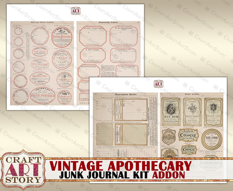 May include: Vintage apothecary labels for junk journaling. The labels feature a variety of designs, including floral motifs, geometric patterns, and text. The labels are printed on a cream-colored paper with red and black accents.