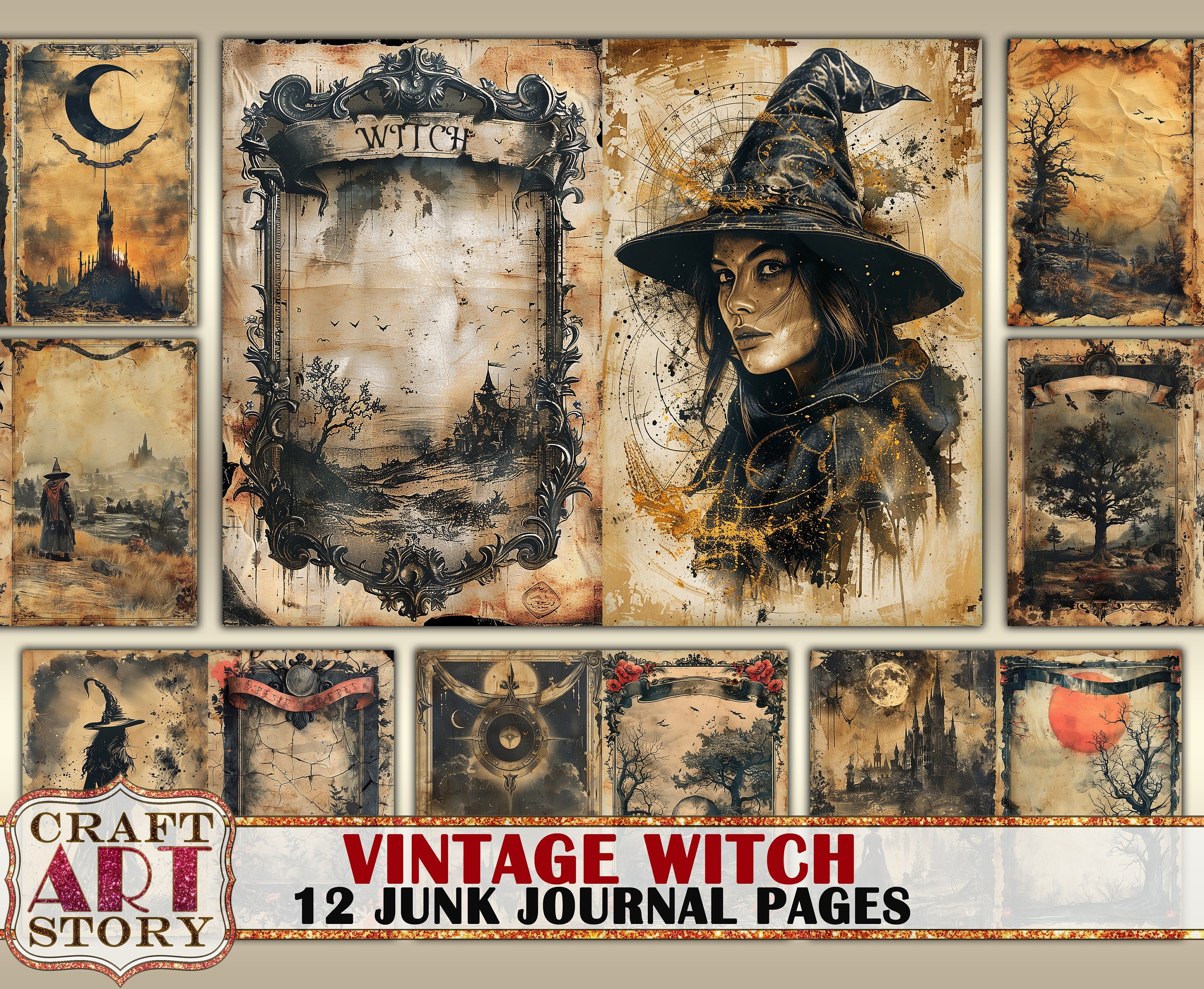 Vintage Witch Grunge Junk Journal Pages,retro Scrapbook Magic ...