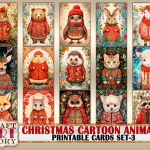 Conjunto de cartões para impressão de animais de desenho animado de Natal-3, papéis digitais para impressão de inverno