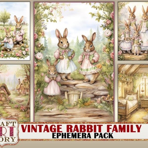Vintage Kaninchen Familie Ephemera Pack, natürliche Frühling Kartenset