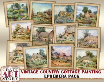 Ephemera Pack cottage painting,vintage village printable,junk journal kit