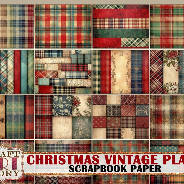 Vintage Christmas plaid scrapbook paper Pack, Printable 16 Pages