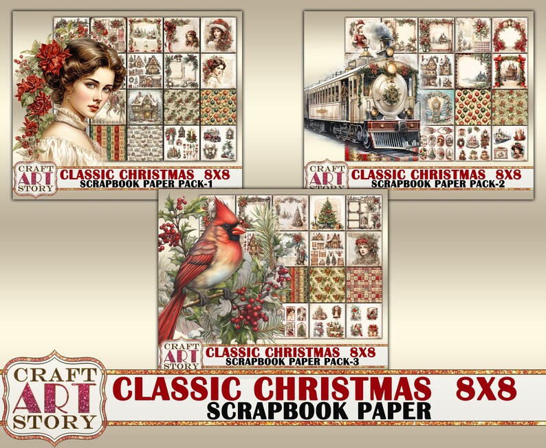 Pack de papier Scrapbook de Noël classique-2,8x8 papiers NUMÉRIQUES, bloc de papier image 2