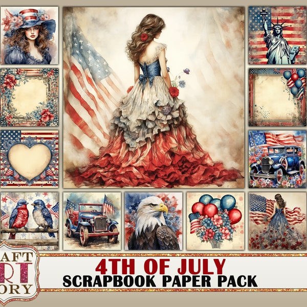 Vintage 4th of July journal Scrapbook Paper Pack,8x8 DIGITAL papers, paper pad