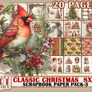 Classic Christmas Scrapbook Paper Pack-3,8x8 DIGITAL papers, paper pad