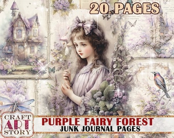 Purple Fantasy Fairy Forest Junk Journal Pages, printables digital Forest papers