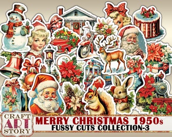 Merry Christmas Fussy Cuts Collection 1950s,digital stickers set Printable-3