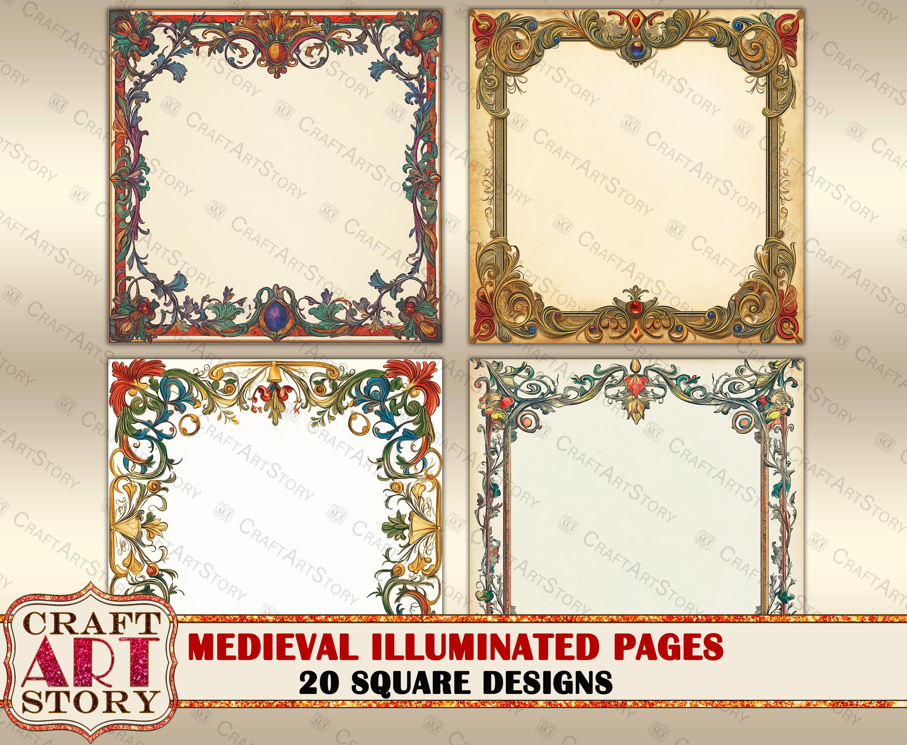 Medieval Illuminated Manuscript 20 Square Designs: Floral Border Pages ...