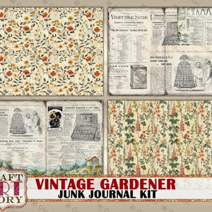 Pu&ograve; includere: Kit di diario di scarto a tema giardinaggio vintage con quattro carte a motivi diversi. Le carte presentano disegni floreali e ritagli di giornali antichi con testo su semi di verdura e mais.