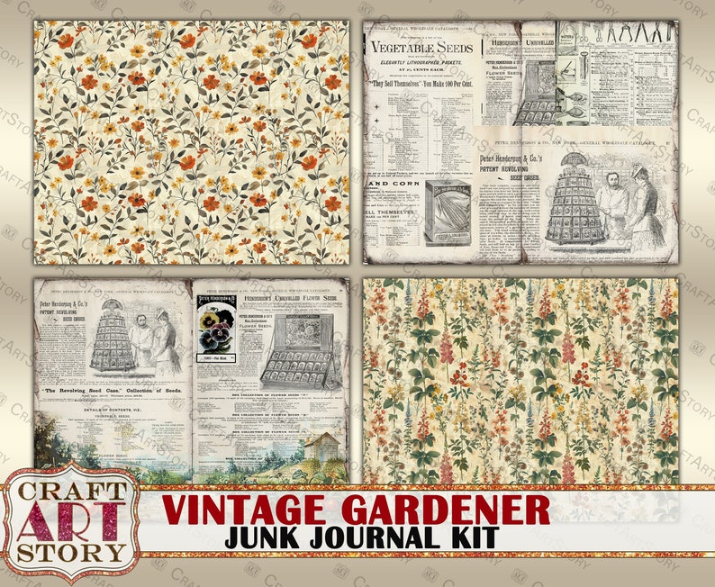 Pu&ograve; includere: Kit di diario di scarto a tema giardinaggio vintage con quattro carte a motivi diversi. Le carte presentano disegni floreali e ritagli di giornali antichi con testo su semi di verdura e mais.