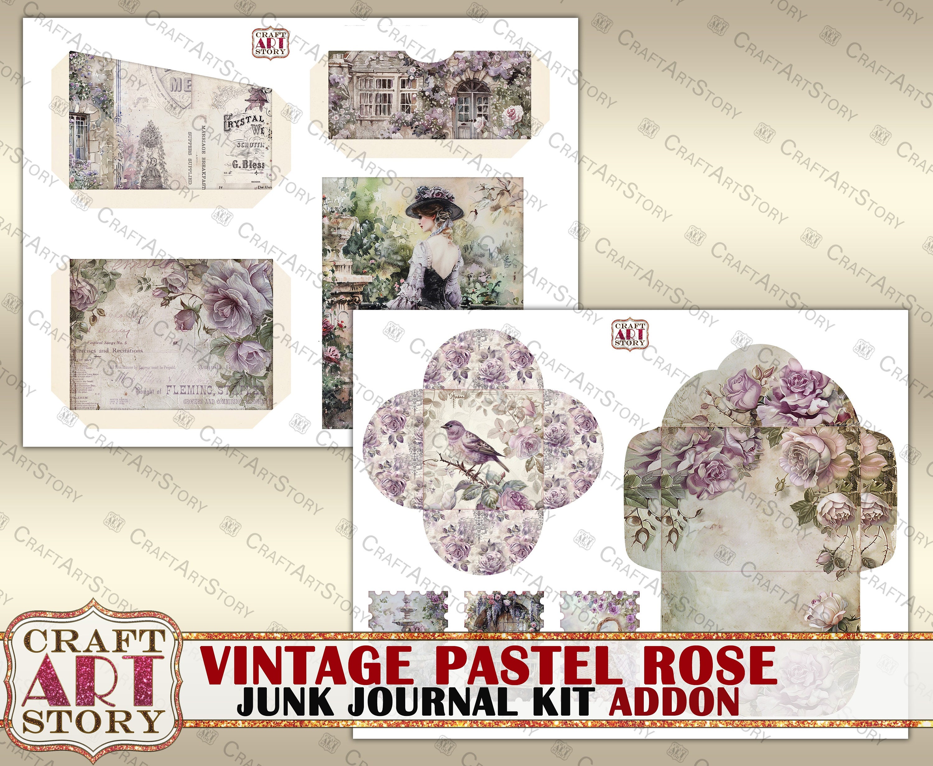 Vintage Pastel Roses Junk Journal Kit Addon,scrapbook Printables ...