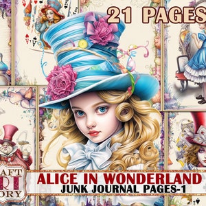 Alice im Wunderland Junk Journal Seiten, scrapbook printables digitale Papiere-1