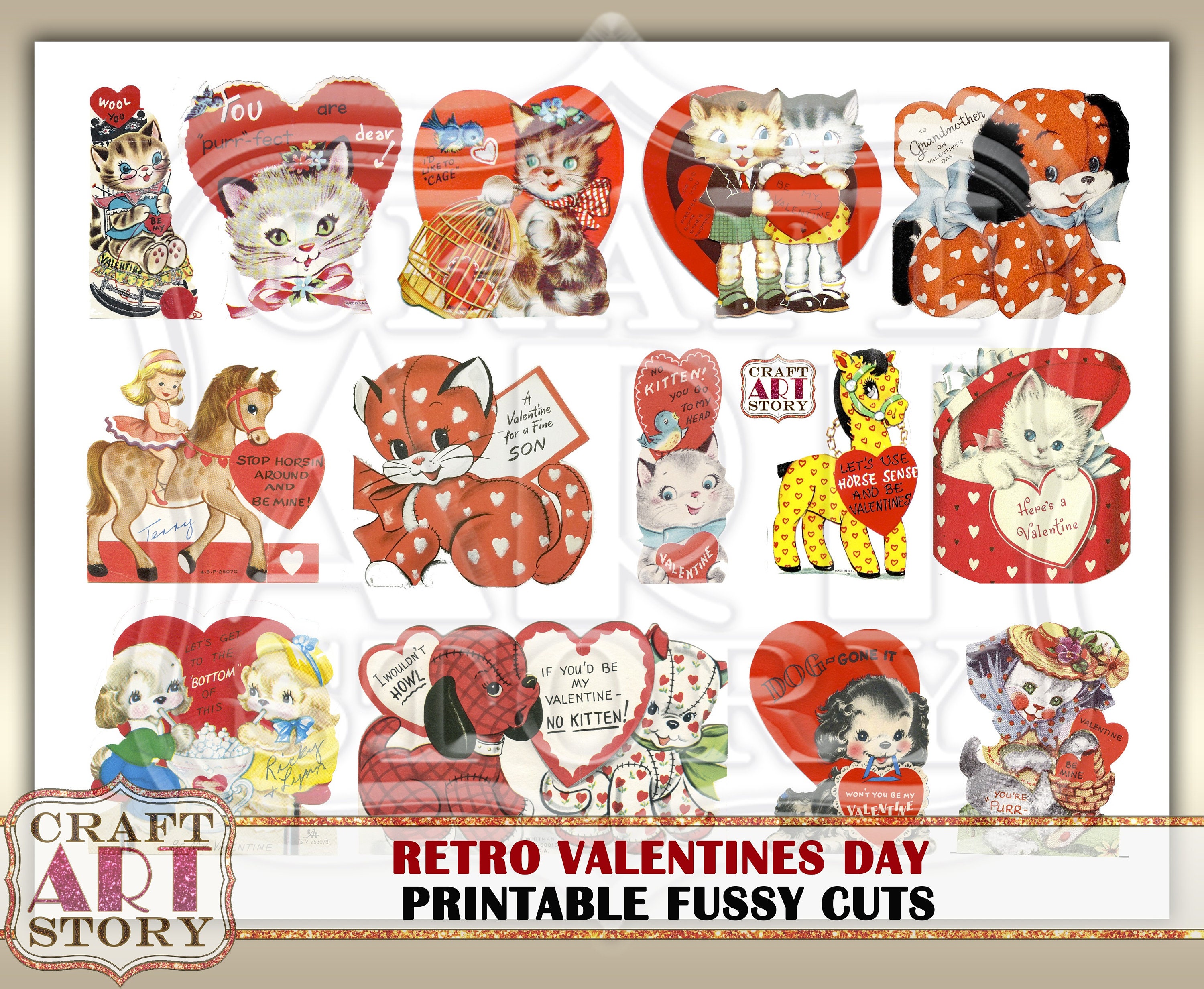 Vintage Valentine Stickers Set, Fussy Cuts Printable,valentines