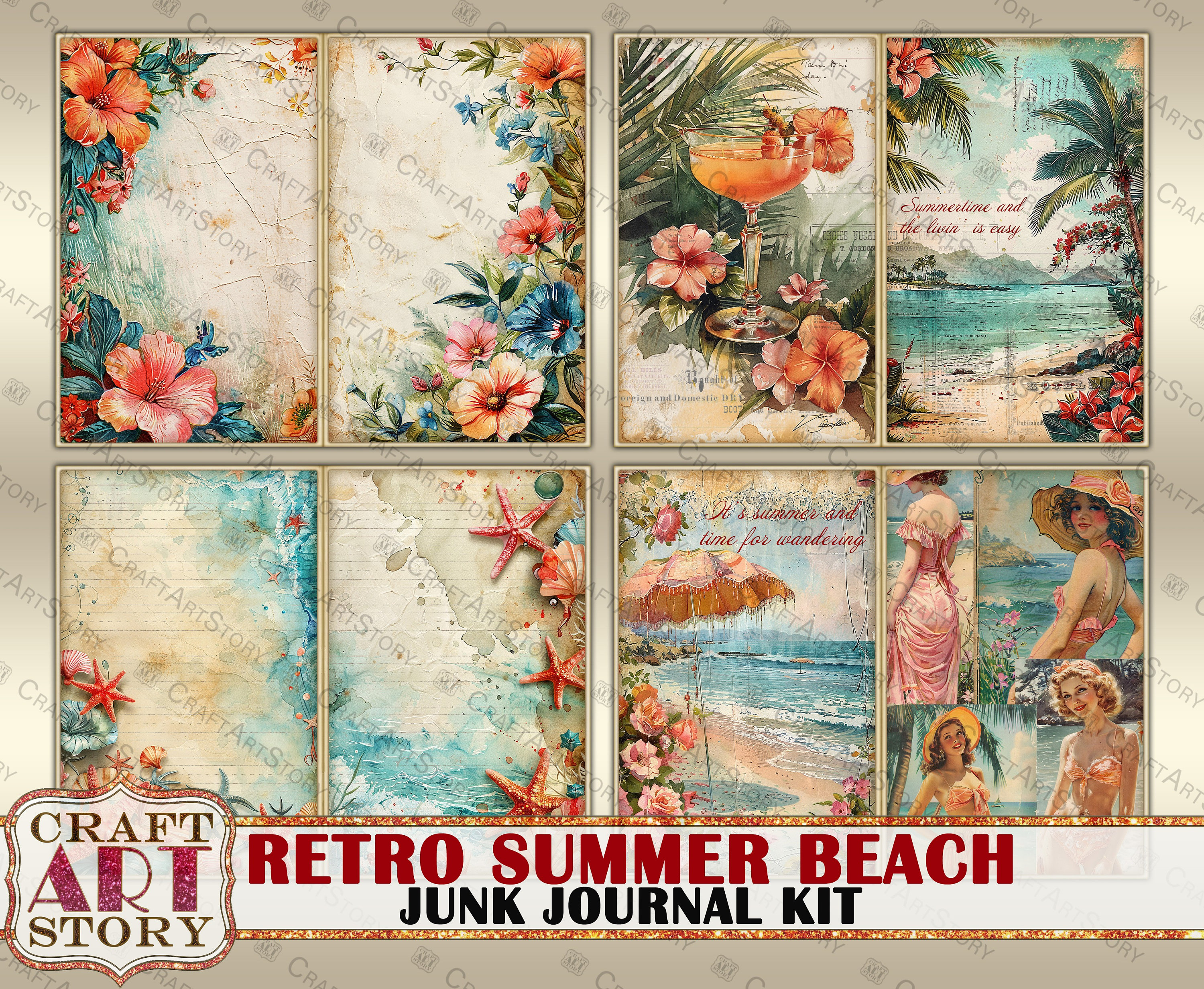 Retro Summer Beach Junk Journal Pages, Printables Digital Papers - Etsy
