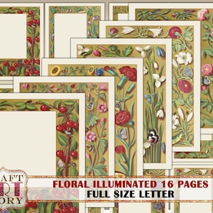 Vintage Botanical Frame journal pages,Illuminated Border.Paper Journal Kit