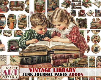 Skräppostsidor från vintagebiblioteket TILLÄGG, gammal bok, digitala utskrivbara scrapbookingpapper