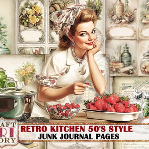 Strony dziennika Retro Kitchen Junk, scrapbooking w stylu lat 50., kolaż z książki kucharskiej, materiały do druku, efemerydy