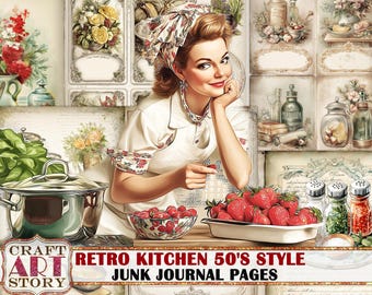 Retro Kitchen Junk Journal pages,scrapbooking 50's style Cook Book Collage Printables Ephemera