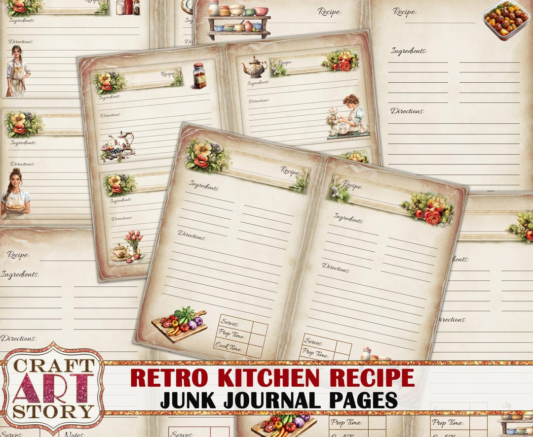 Retro Kitchen Junk Journal Recipe Pages,scrapbooking 50's Style Cook ...