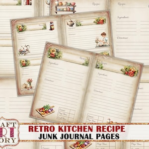 Retro Kitchen Junk Journal Przepisy Strony, scrapbooking 50's style Cook Book Collage Wydruki Ephemera
