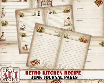 Retro Kitchen Junk Journal Recipe Pages,scrapbooking 50's style Cook Book Collage Printables Ephemera