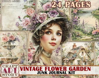 Vintage flower garden Junk Journal Kit,scrapbook printables digital papers