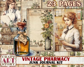 May include: Vintage pharmacy themed junk journal kit with 23 pages. The kit features a variety of images, including a woman in a white dress, a bottle of liquid, and a variety of plants and flowers. The kit also includes the text "Vintage Pharmacy Junk Journal Kit" and "23 Pages".