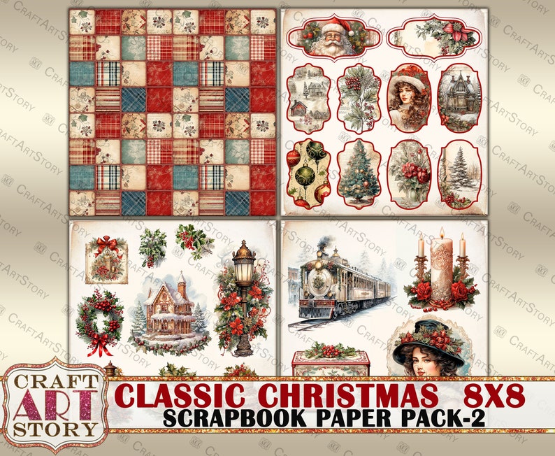 Classic Christmas Scrapbook Paper Pack-2,8x8 DIGITAL papers, paper pad image 5