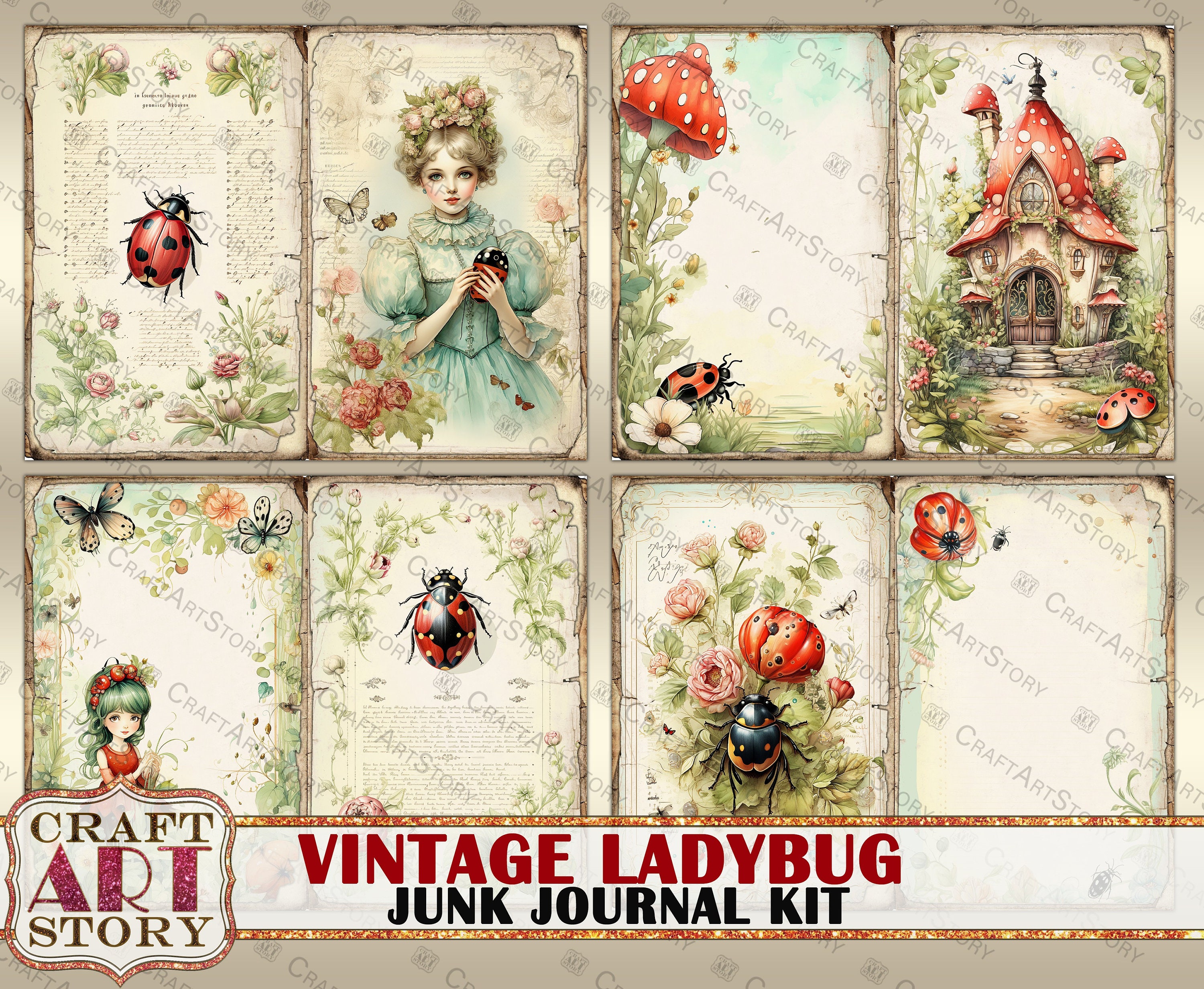 Vintage Ladybug Fantasy Junk Journal Pages, Printables Digital Papers ...