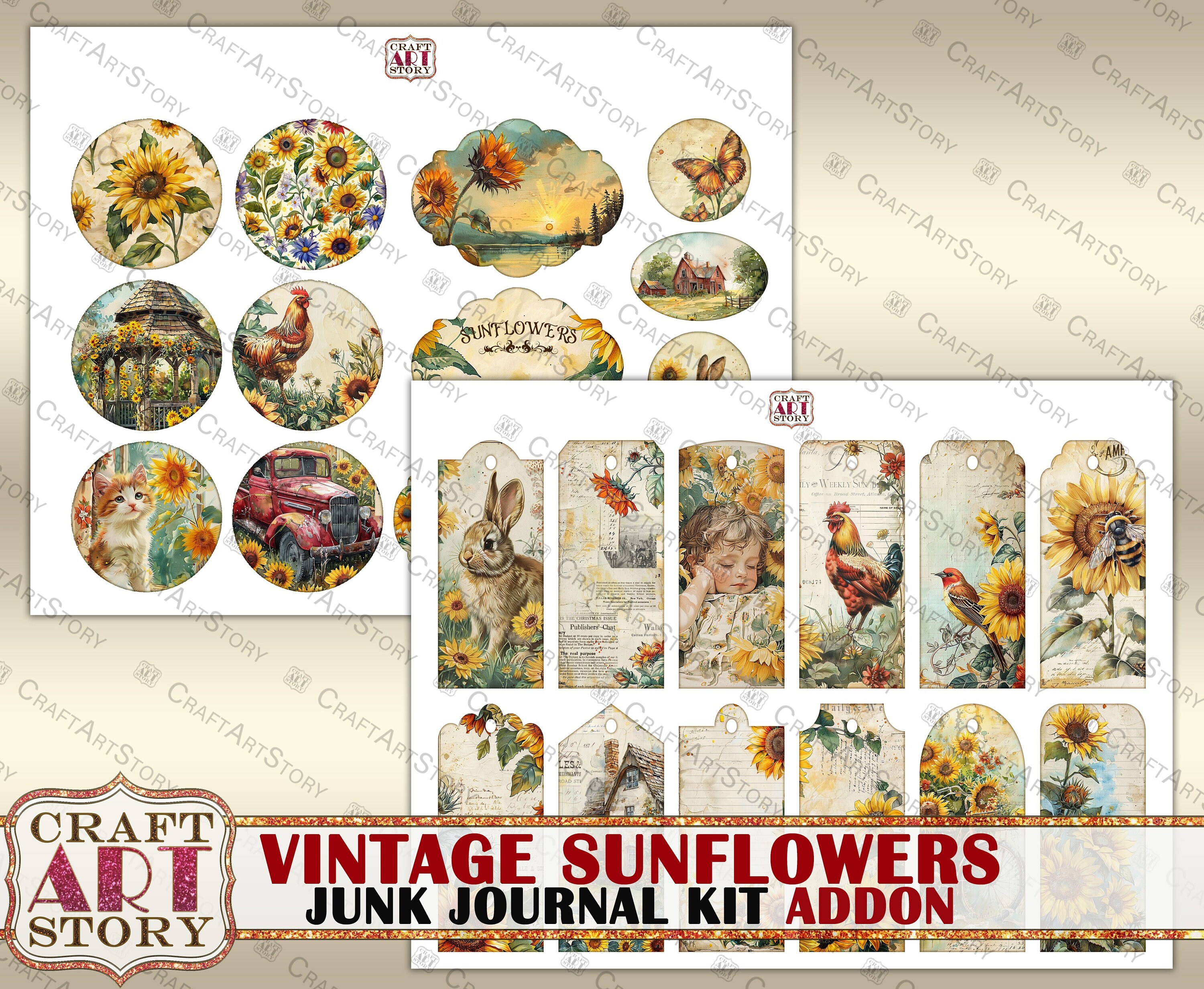 Vintage Sunflowers Junk Journal Kit Addon,scrapbook Printables Digital ...