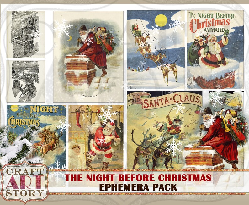 May include: A digital collage sheet with vintage illustrations of Santa Claus, reindeer, and snow scenes. The sheet includes the text "The Night Before Christmas" and "Around the World Santa Claus".