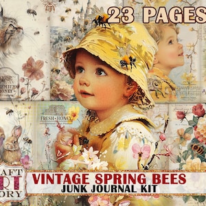 Può includere: Kit di diario di scarto vintage con api primaverili, con 23 pagine. Il kit presenta un collage di immagini, tra cui una ragazza con un cappello giallo, api, fiori e un gatto. Il kit è perfetto per lo scrapbooking, la creazione di biglietti e altri lavoretti di carta.