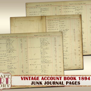 Vintage papieren pakket Accountboek grootboekpagina's, oude papieren set afdrukbaar, 1894 ongewenste dagboekpagina's