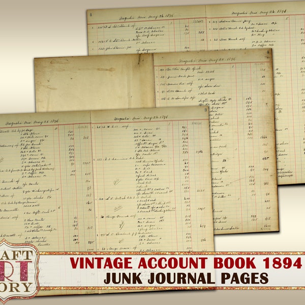 Vintage paper pack Account book ledger Pages,old papers set printable,1894 junk journal pages