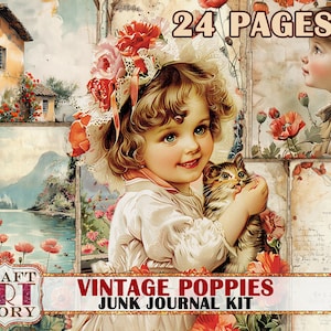 Kit de diário de lixo vintage Poppies, papéis digitais para impressão de álbum de recortes