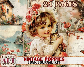 Vintage Poppies Junk Journal Kit,scrapbook printables digital papers