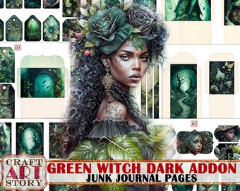 May include: A digital collage sheet titled Green Witch Dark Addon Junk Journal Pages featuring a central portrait of a person with dark curly hair adorned with green roses, surrounded by various printable tags and envelopes with forest imagery.