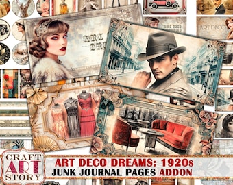 Art Deco Dreams Junk Journal Pages ADDON,glamorous 1920s scrapbook printables digital papers